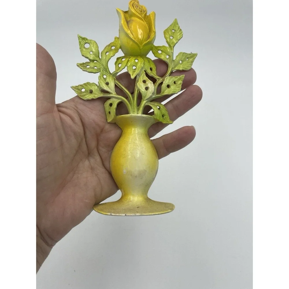 Vtg Cast Metal Yellow Rose Vase Shaped Earring Organizer 70s Boho‎ Vanity 6.5
